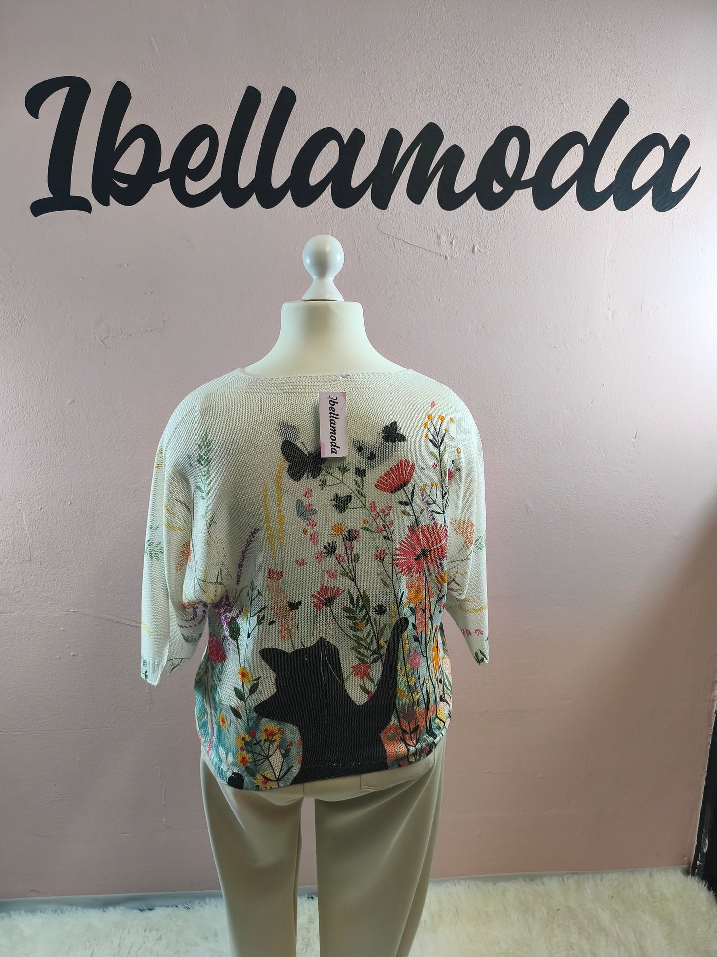 Feinstrick Shirt mit Motiv Katze Flower