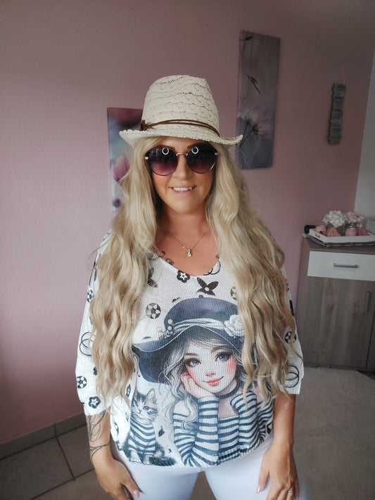Feinstrick Shirt mit Motiv Girl and Kitty
