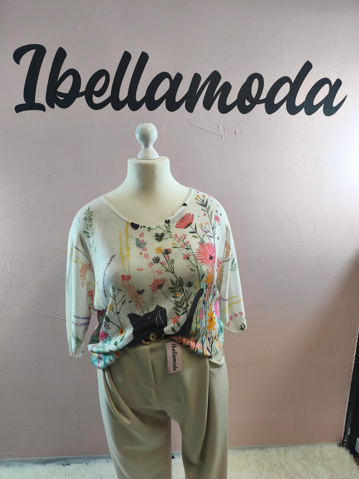 Feinstrick Shirt mit Motiv Katze Flower
