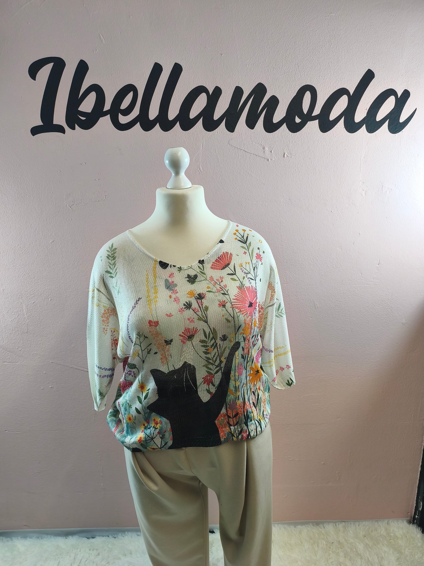 Feinstrick Shirt mit Motiv Katze Flower