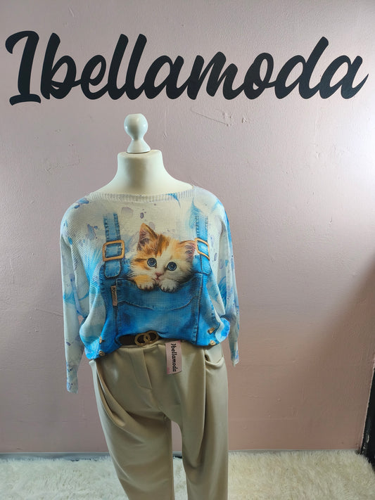 Feinstrick Shirt mit Motiv Kitty Blue